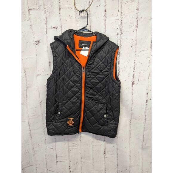 Diesel Quilted Jacket Kids 18-20 Black‎ Puffer Vest Zip Up Jacket Hooded Vest - Picture 1 of 10